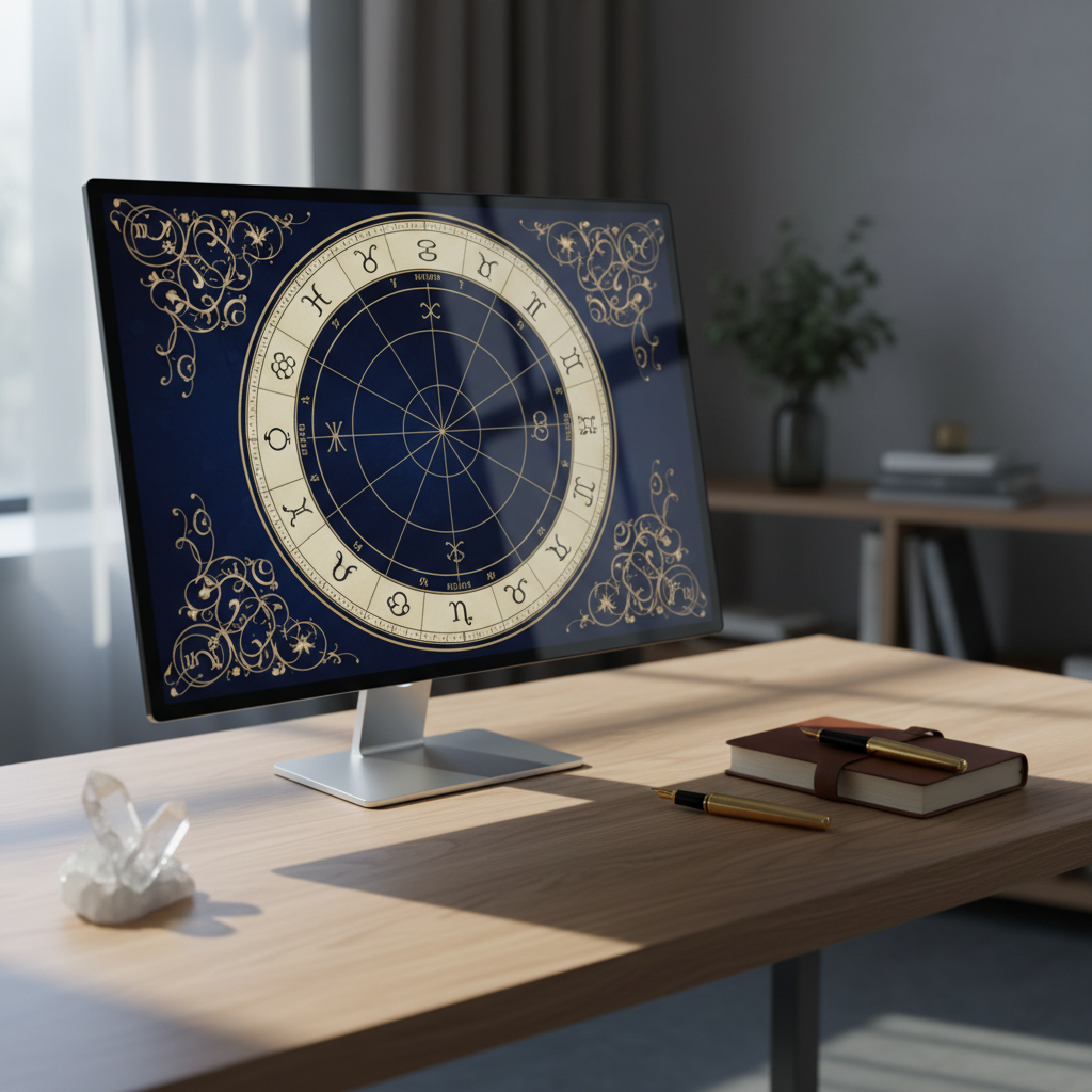 A large, elegantly designed natal chart wheel displayed on a slim, modern monitor, the chart rendered in refined midnight blue, gold, and soft cream tones. The screen stands on a minimalist, light oak desk with a leather-bound notebook, fountain pen, and a small polished crystal cluster arranged with careful precision. Cool, diffused daylight from an unseen window illuminates the scene, creating subtle reflections on the monitor and gentle shadows along the desk. Shot from a slightly elevated angle in photographic realism, with crisp focus on the chart details and a softly blurred studio background, the atmosphere feels strategic, intellectual, and tailored for discerning clients seeking professional birth chart readings.
