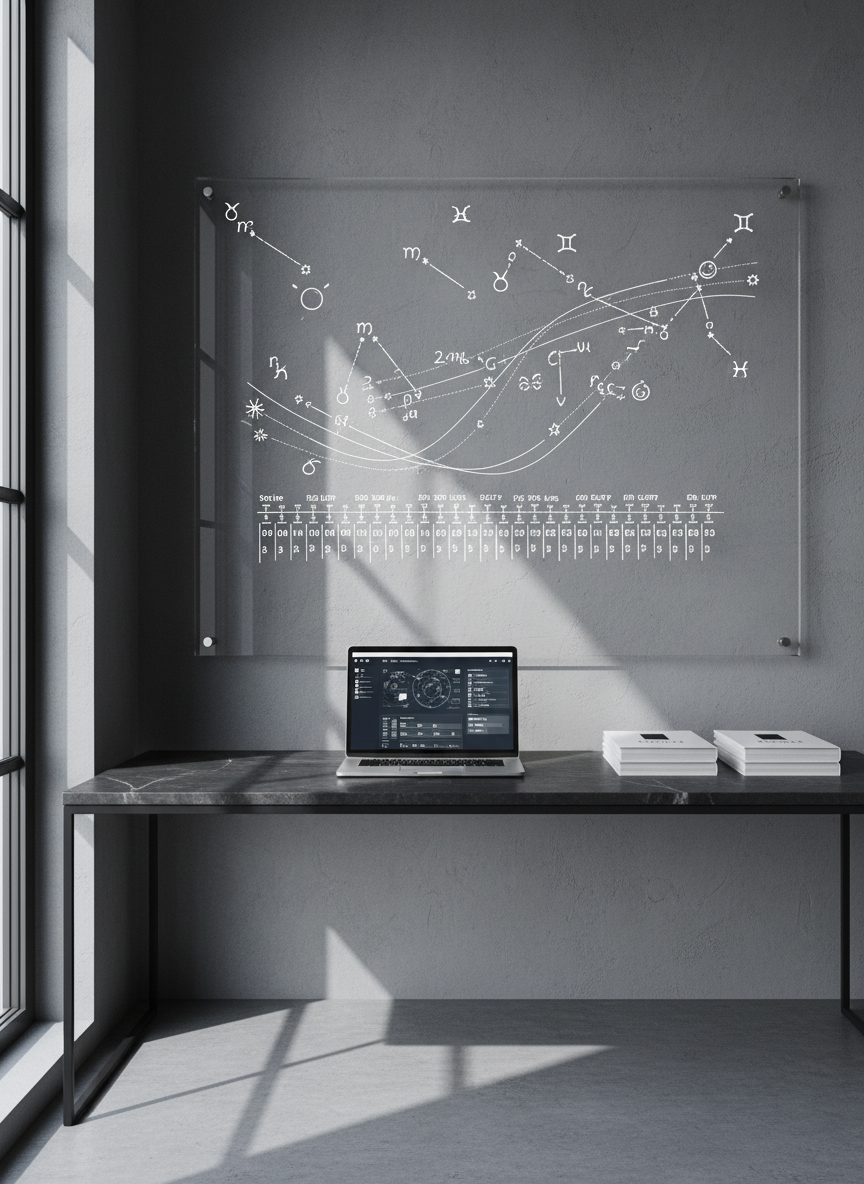 A sleek, modern office corner arranged for strategic astrology sessions, with a large transparent acrylic board mounted on a slate-gray wall, covered in neatly drawn planetary symbols, aspects, and timelines in fine white marker. Below, a dark stone desk holds an open laptop displaying a refined astrological dashboard, beside orderly stacks of minimalist business reports. Cool, directional window light from the side creates defined yet soft shadows, highlighting the clean lines and glossy surfaces. Photographic realism, captured from an eye-level perspective with balanced composition and moderate depth of field, evokes a sophisticated, analytical mood that connects astrology with high-level entrepreneurial decision-making.