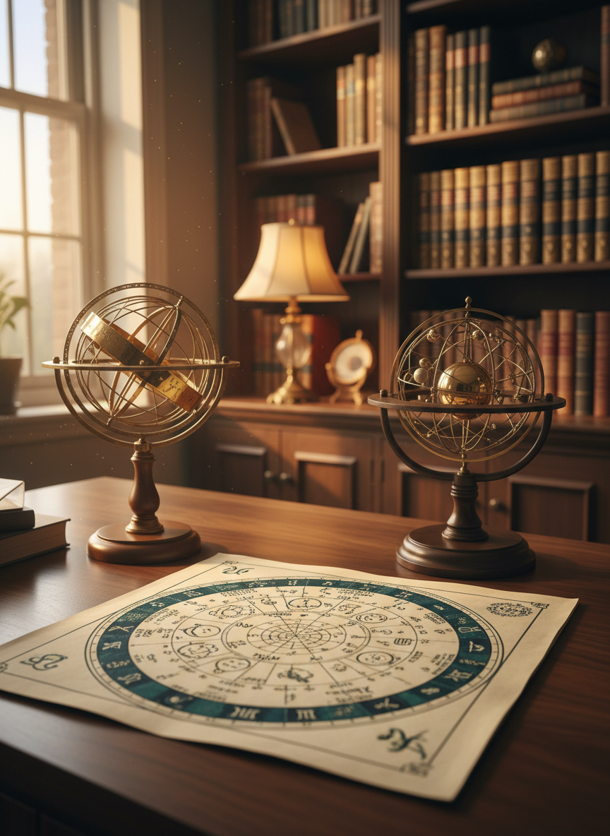 A sophisticated astrologer’s workspace without any people, featuring an open, richly detailed birth chart printed on thick, matte ivory paper, spread across a dark walnut desk. A brass armillary sphere and a vintage orrery sit nearby, their polished metal surfaces catching soft, warm lamplight. In the background, tall bookshelves filled with classic astronomy and astrology volumes are softly blurred. Golden hour light filters through a nearby window, mingling with the lamp to create a calm, contemplative glow. Photographic realism, eye-level composition with a shallow depth of field emphasizes the chart and instruments, conveying professionalism, depth of knowledge, and an inviting atmosphere for thoughtful astrological consultation.